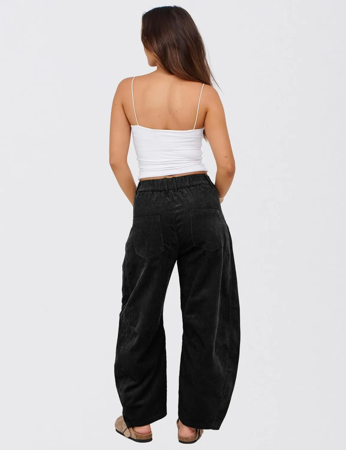 SeekMe Women's Corduroy Pants Barrel Mid-Rise Elastic Waist Cord Pants Casual Wide Leg Baggy Trouser with Pockets
