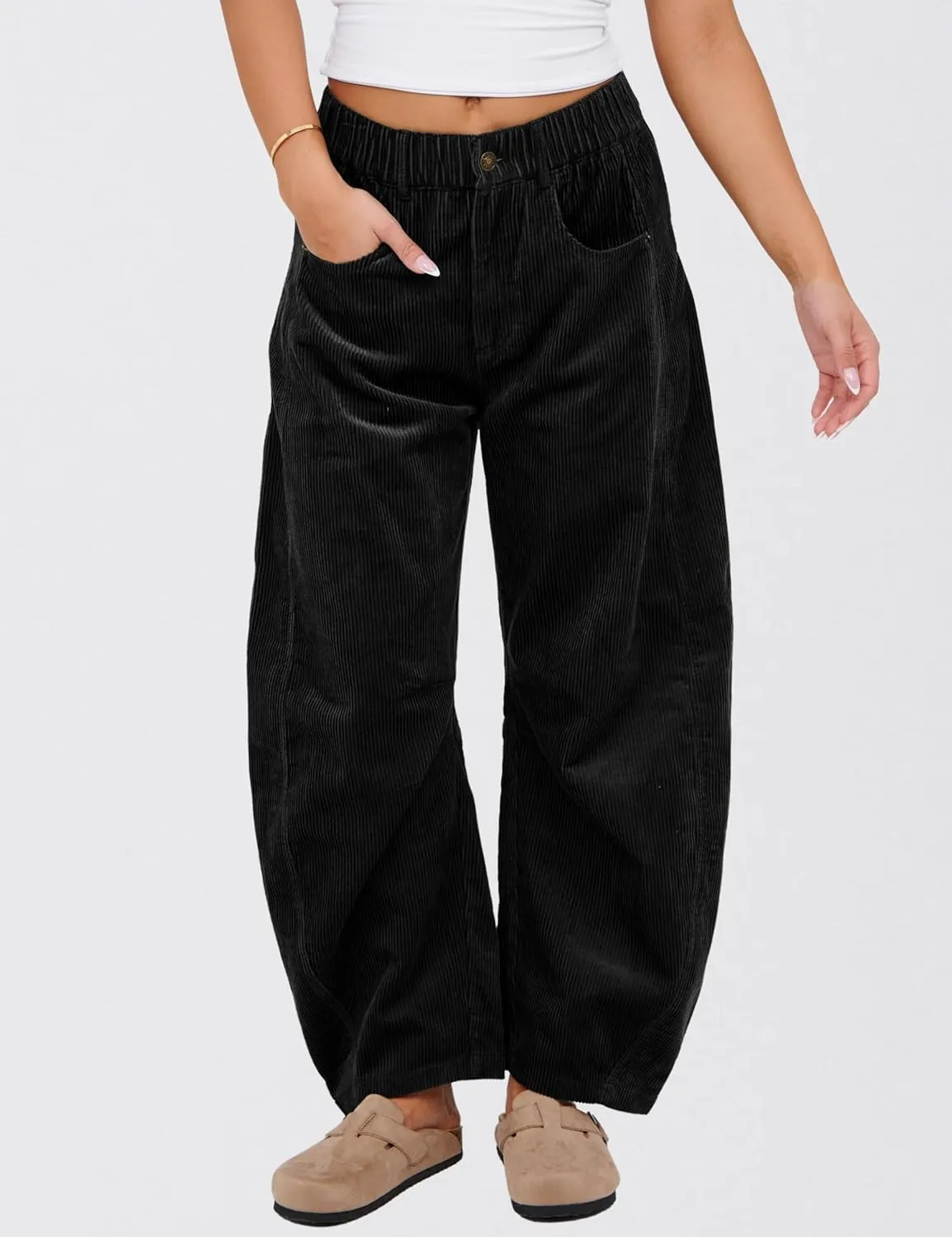 SeekMe Women's Corduroy Pants Barrel Mid-Rise Elastic Waist Cord Pants Casual Wide Leg Baggy Trouser with Pockets