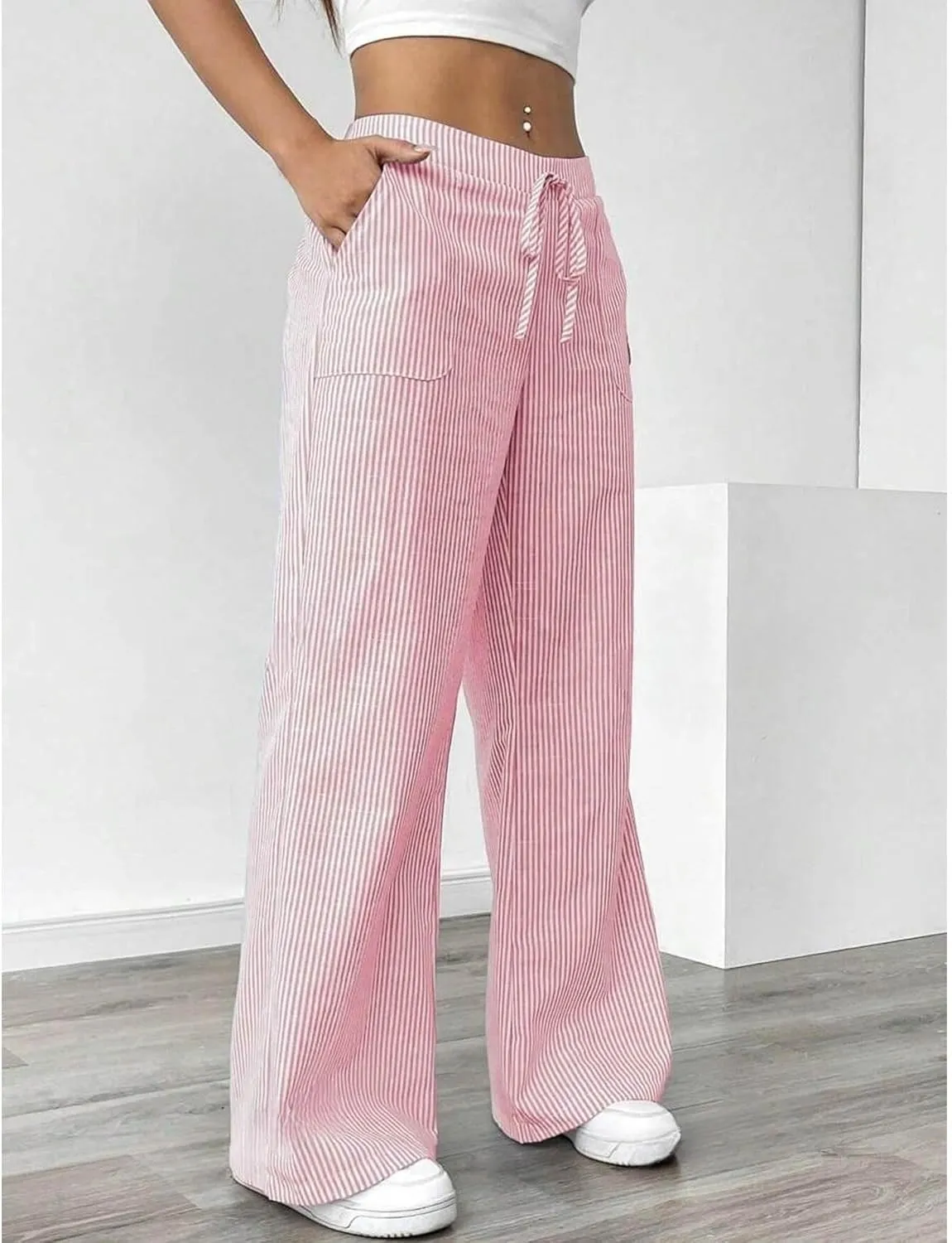 SEMATOMALA Women's Striped Wide Leg Lounge Wear Pants Elastic Waist High Waisted Trousers with Pockets