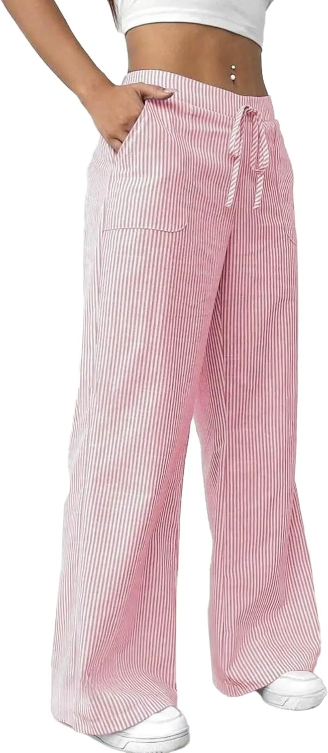 SEMATOMALA Women's Striped Wide Leg Lounge Wear Pants Elastic Waist High Waisted Trousers with Pockets