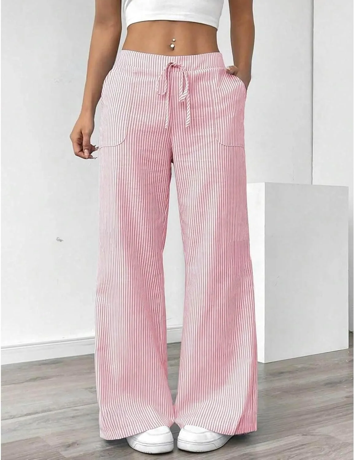SEMATOMALA Women's Striped Wide Leg Lounge Wear Pants Elastic Waist High Waisted Trousers with Pockets