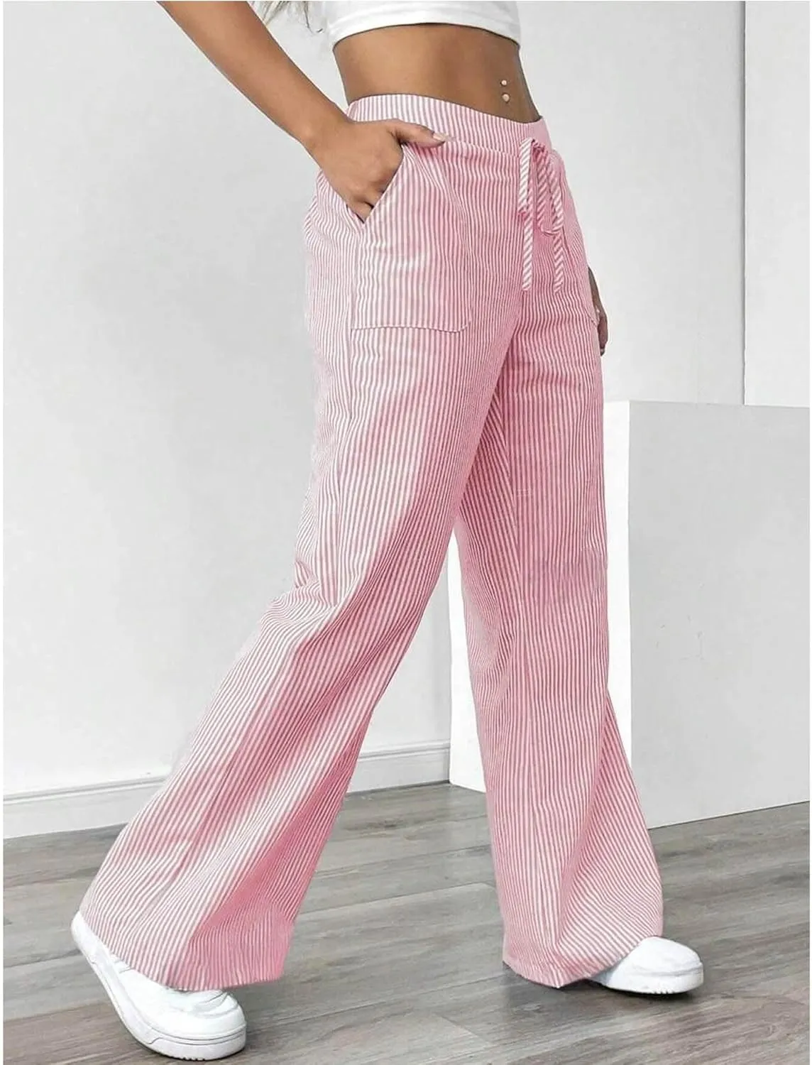 SEMATOMALA Women's Striped Wide Leg Lounge Wear Pants Elastic Waist High Waisted Trousers with Pockets