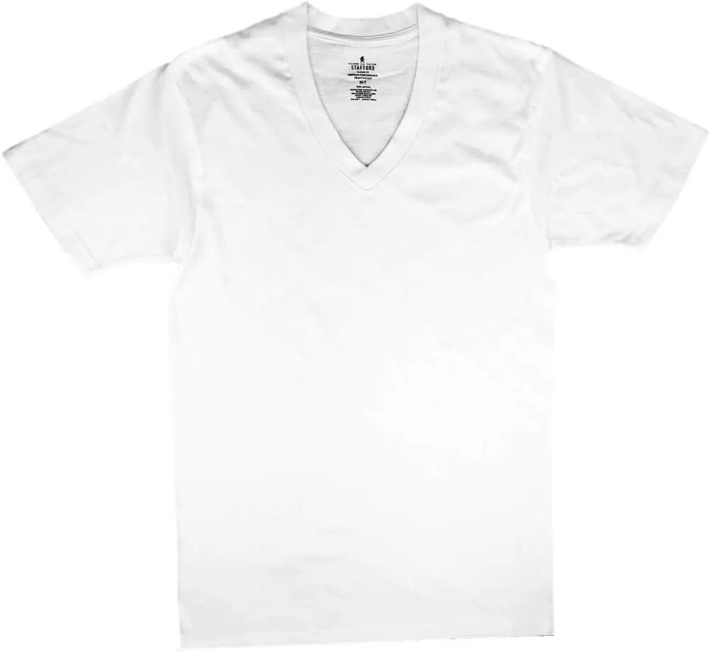 Stafford Mens Tall/Extra Tall 100% Heavy Weight Cotton V-Neck Undershirt, White, Short Sleeve, 4 Pack
