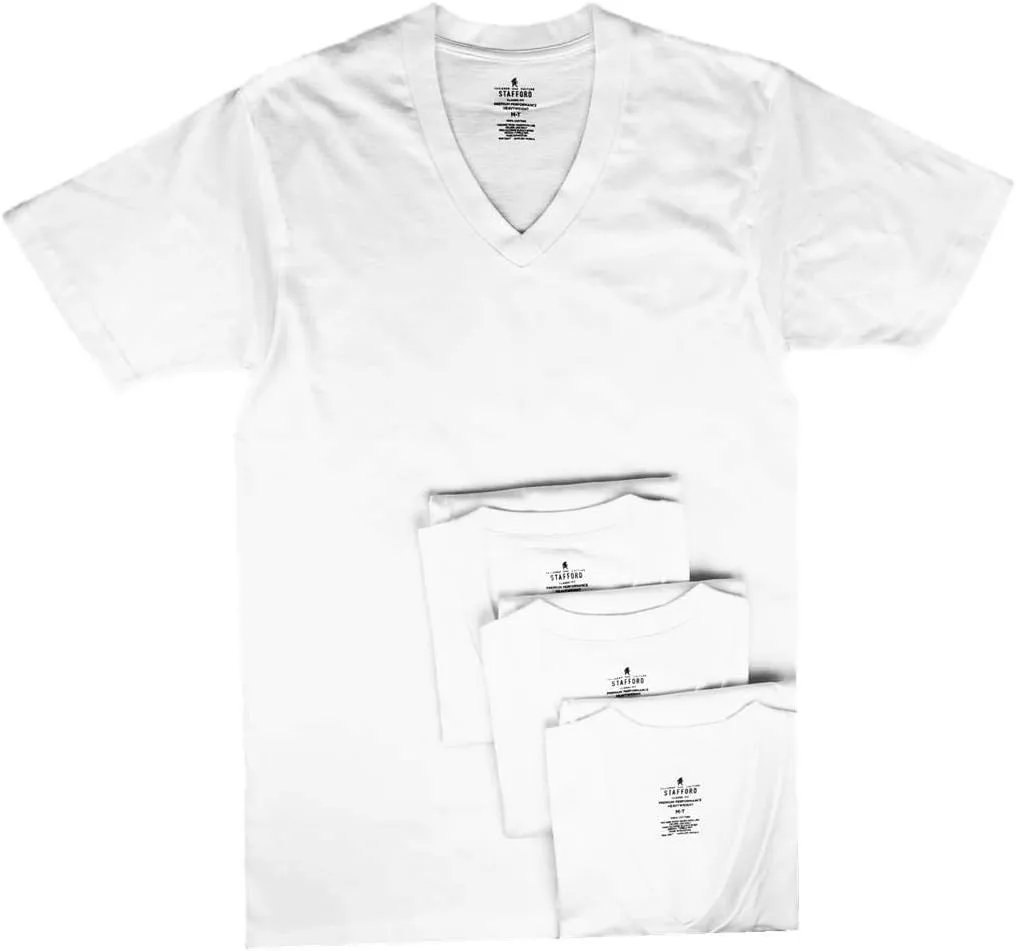 Stafford Mens Tall/Extra Tall 100% Heavy Weight Cotton V-Neck Undershirt, White, Short Sleeve, 4 Pack