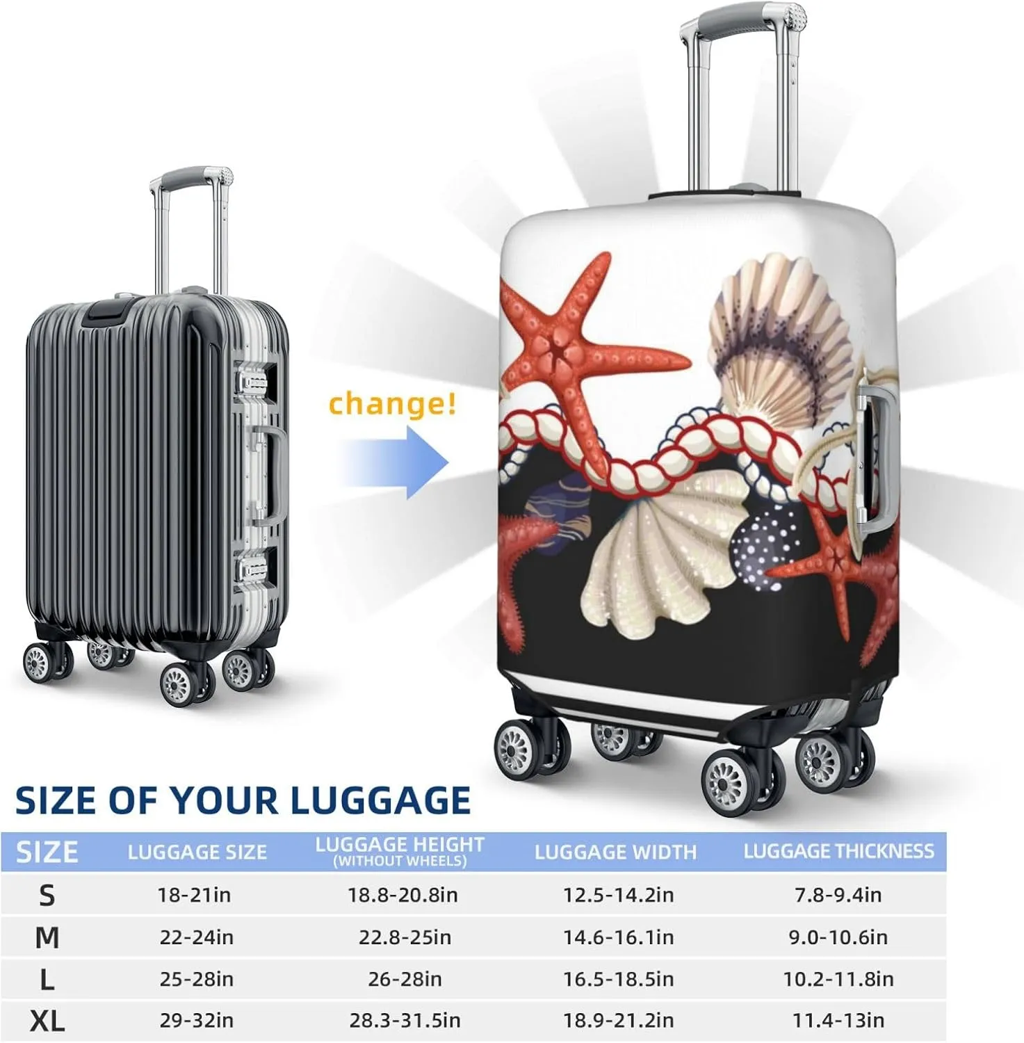 Starfishes Shells Print Elastic Travel Luggage Cover Suitcase Protector Bag, Anti-Scratch, Washable Suitcase Sleeve For Kid Adult,For 18-32 Inch Luggage