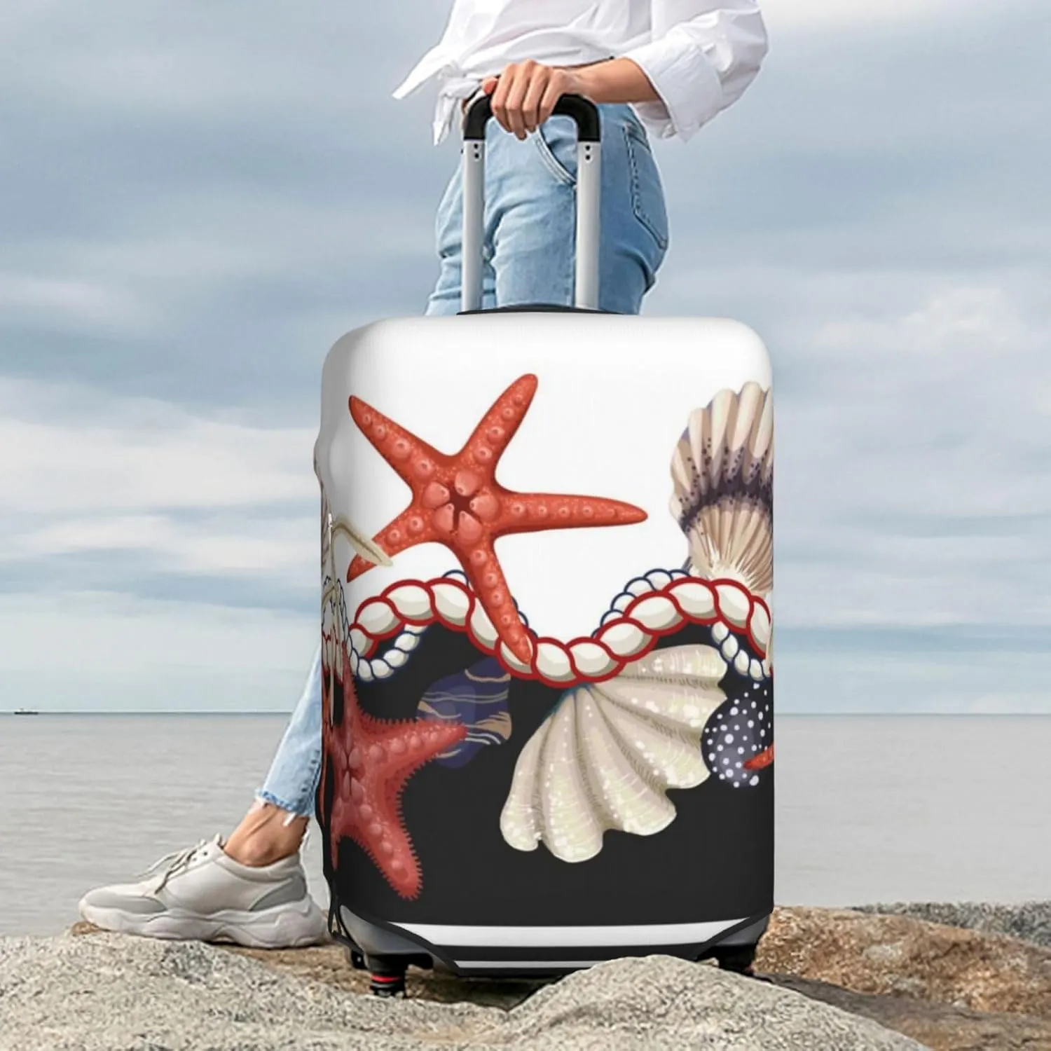 Starfishes Shells Print Elastic Travel Luggage Cover Suitcase Protector Bag, Anti-Scratch, Washable Suitcase Sleeve For Kid Adult,For 18-32 Inch Luggage