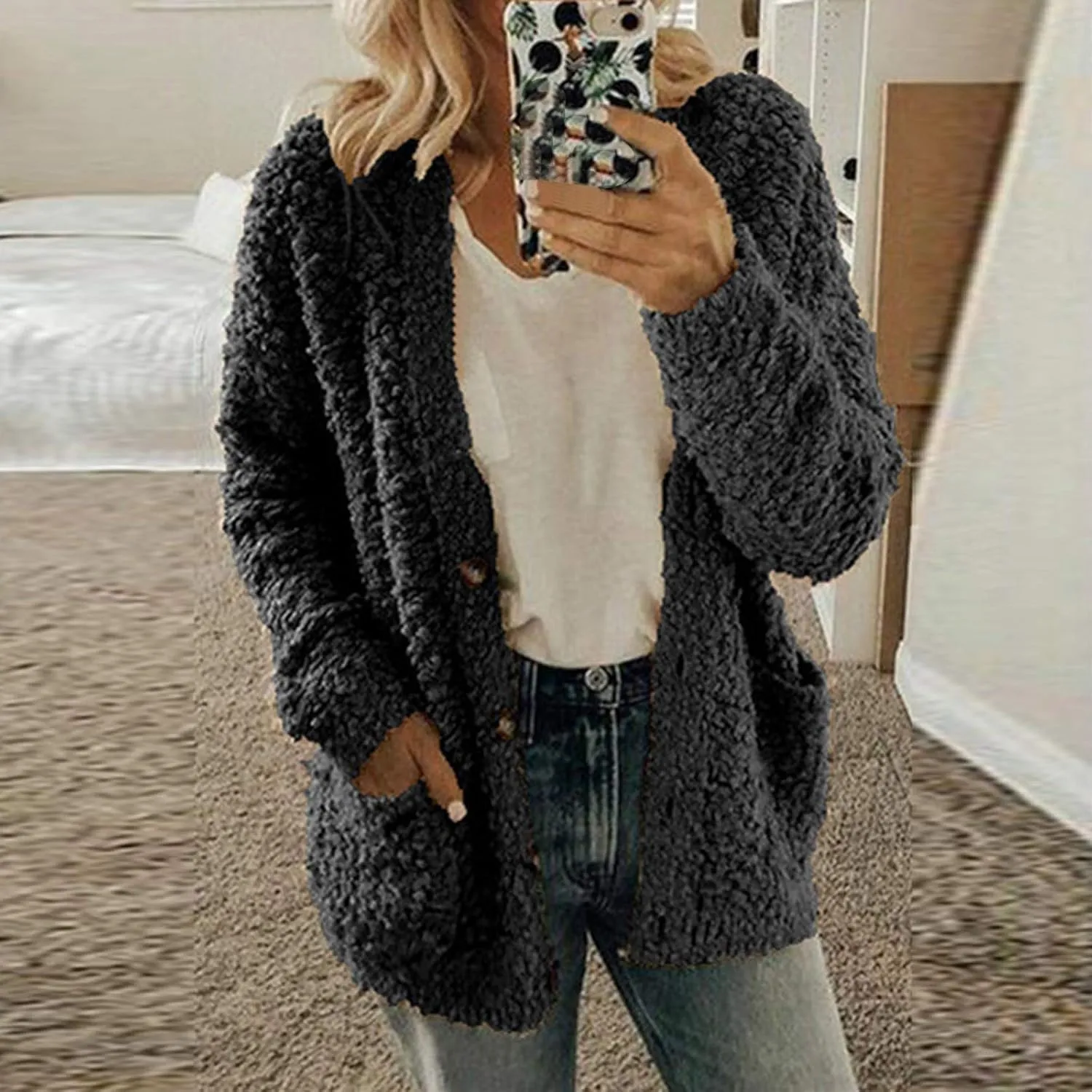 Sweaters for Women Cardigan Women Casual Plus Size Plush Sweater Pockets Outerwear Buttons Cardigan Coat Long Sleeve
