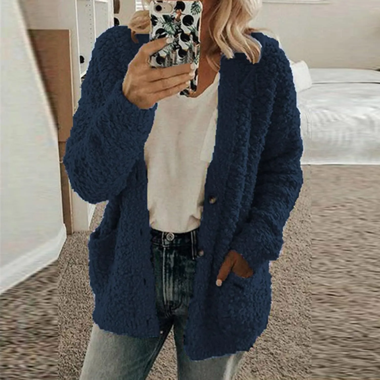 Sweaters for Women Cardigan Women Casual Plus Size Plush Sweater Pockets Outerwear Buttons Cardigan Coat Long Sleeve