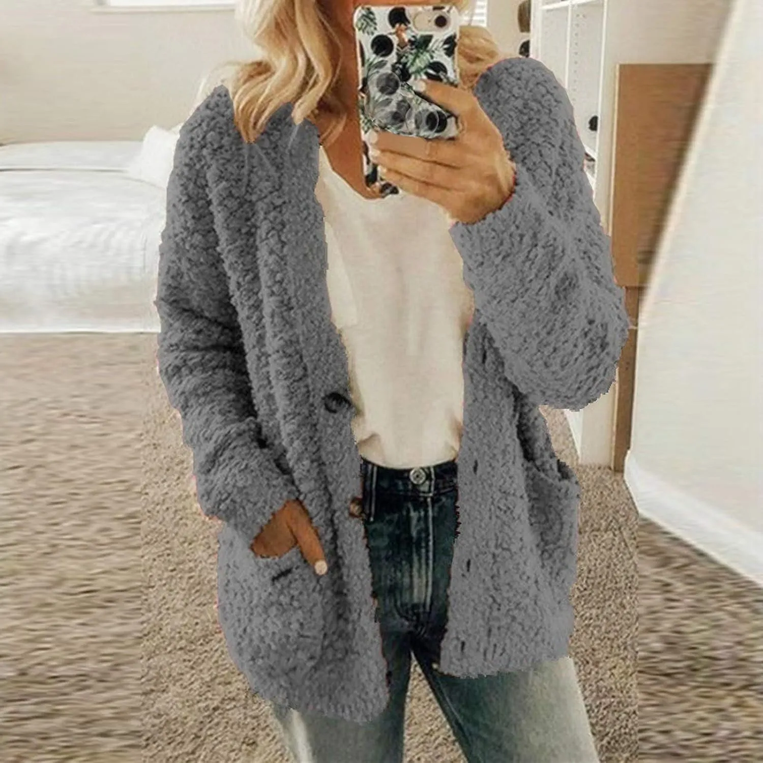 Sweaters for Women Cardigan Women Casual Plus Size Plush Sweater Pockets Outerwear Buttons Cardigan Coat Long Sleeve