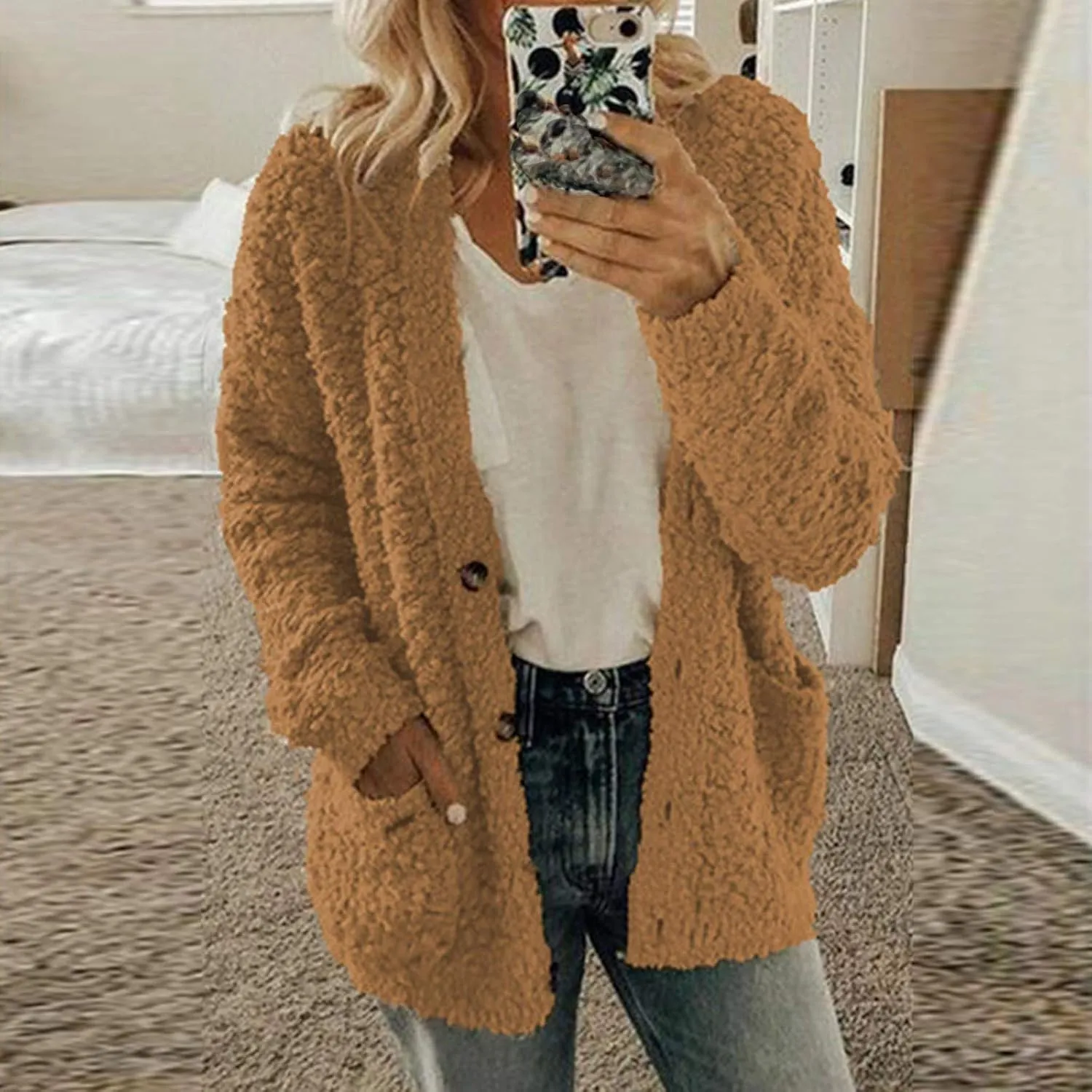 Sweaters for Women Cardigan Women Casual Plus Size Plush Sweater Pockets Outerwear Buttons Cardigan Coat Long Sleeve