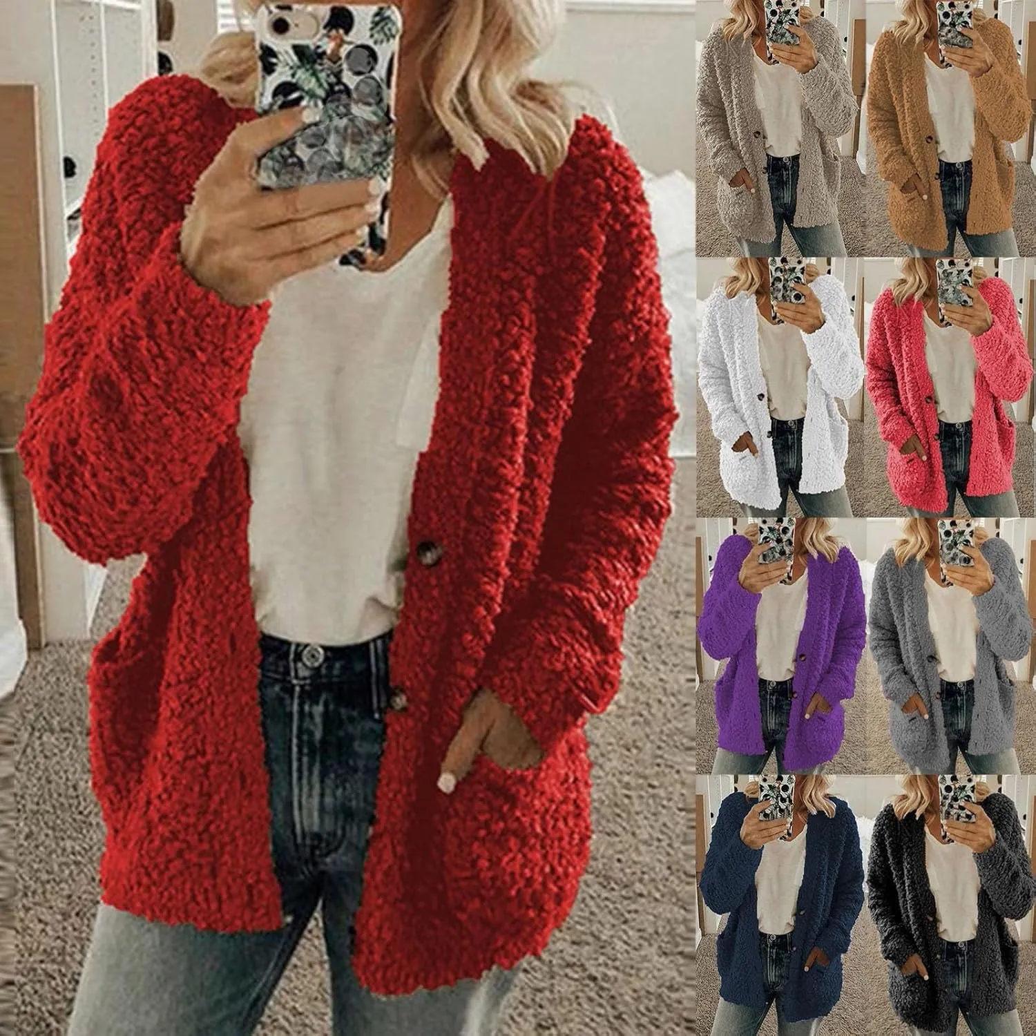 Sweaters for Women Cardigan Women Casual Plus Size Plush Sweater Pockets Outerwear Buttons Cardigan Coat Long Sleeve