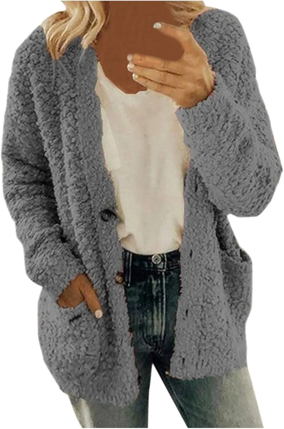 Sweaters for Women Cardigan Women Casual Plus Size Plush Sweater Pockets Outerwear Buttons Cardigan Coat Long Sleeve