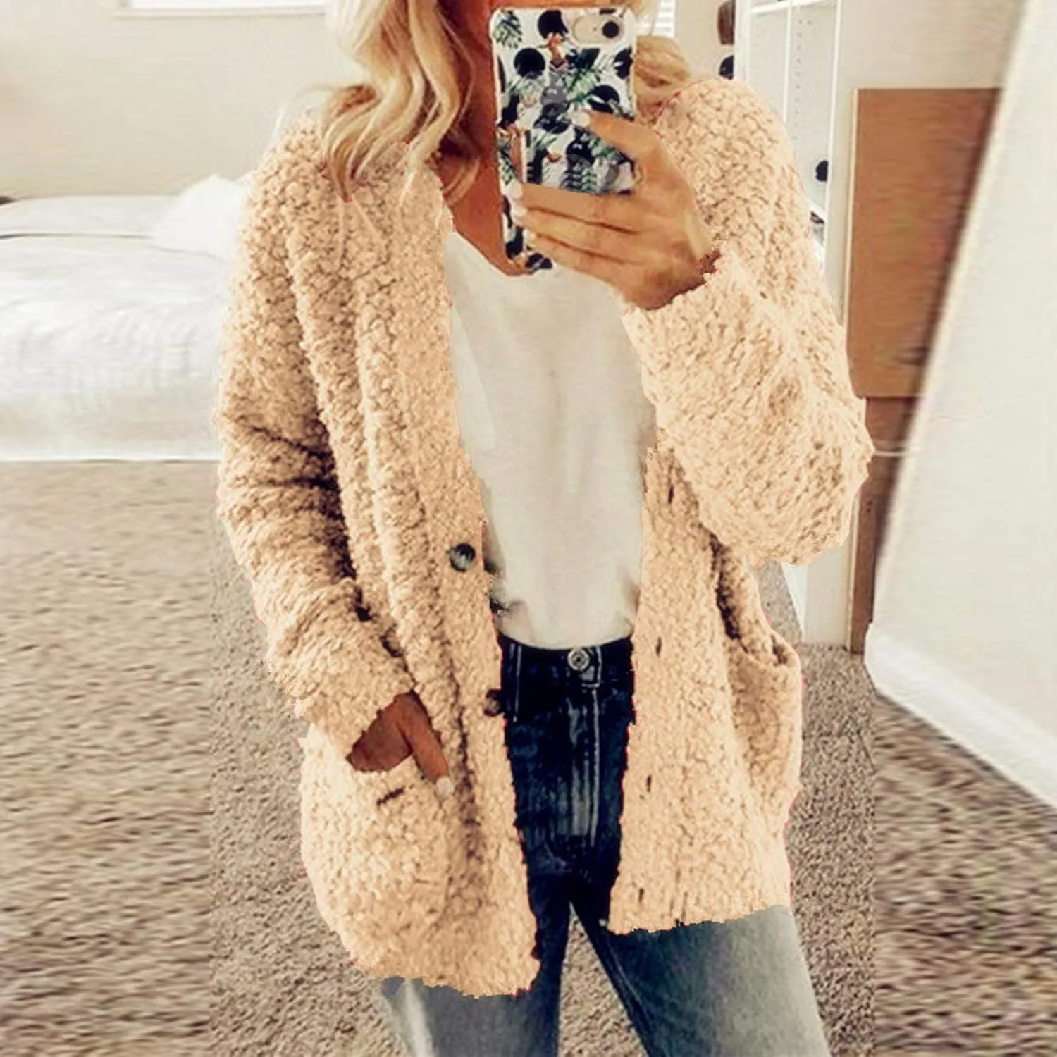 Sweaters for Women Cardigan Women Casual Plus Size Plush Sweater Pockets Outerwear Buttons Cardigan Coat Long Sleeve