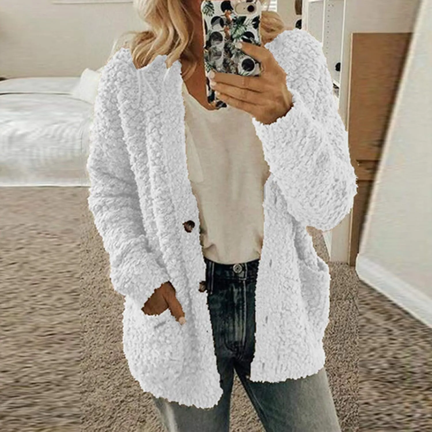 Sweaters for Women Cardigan Women Casual Plus Size Plush Sweater Pockets Outerwear Buttons Cardigan Coat Long Sleeve