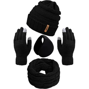 Terra Winter Warm Sets Knitted Scarf Beanie Hat Touch Screen Gloves And Winter Ear Warmer For Men Or Women-Black