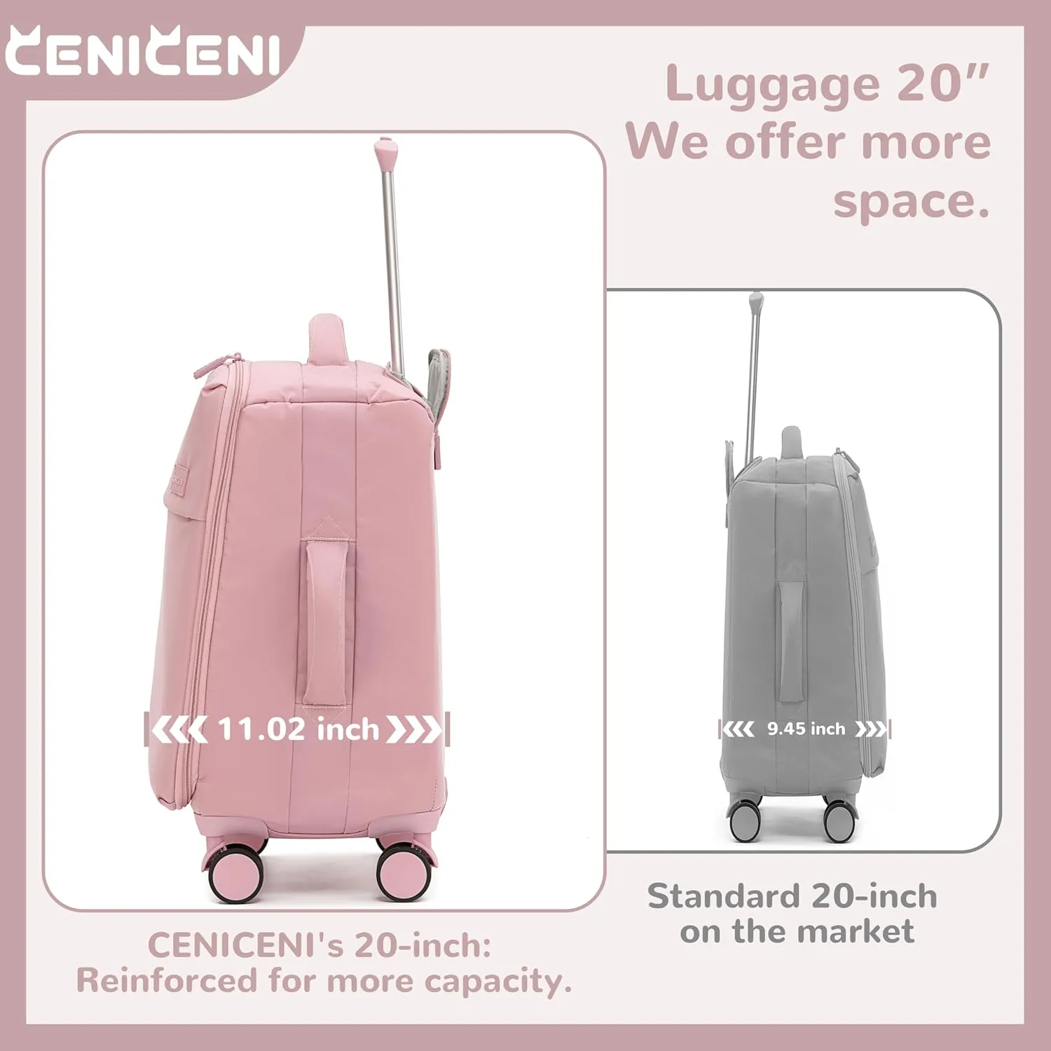 Ultralight 20" 24" Travel Luggage Set Carry-On Airline Approved Softside Suitcase, 360 Spinner Wheels, TSA Lock, with 7-Piece Travel Accessories, Sakura Pink