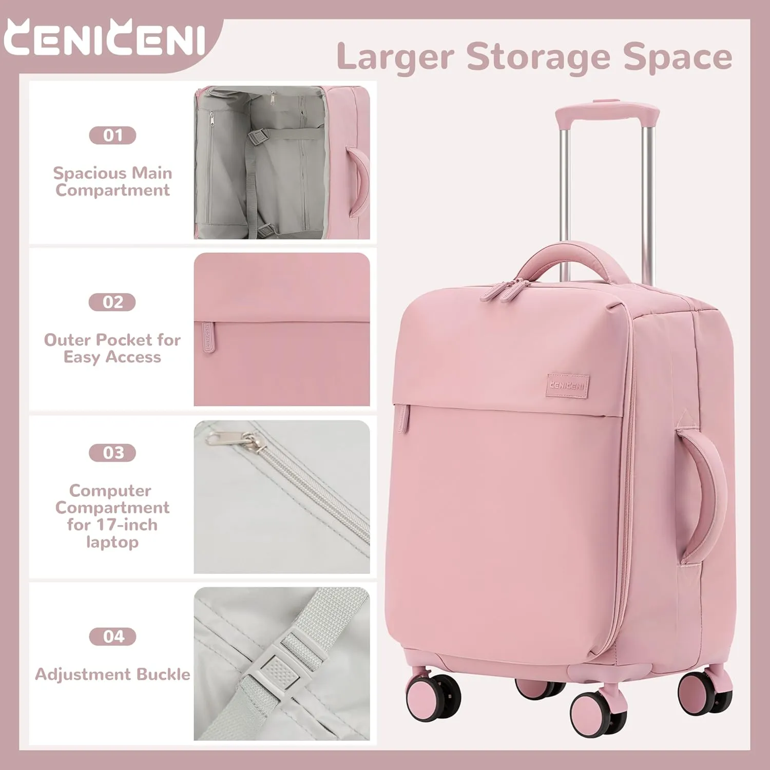 Ultralight 20" 24" Travel Luggage Set Carry-On Airline Approved Softside Suitcase, 360 Spinner Wheels, TSA Lock, with 7-Piece Travel Accessories, Sakura Pink