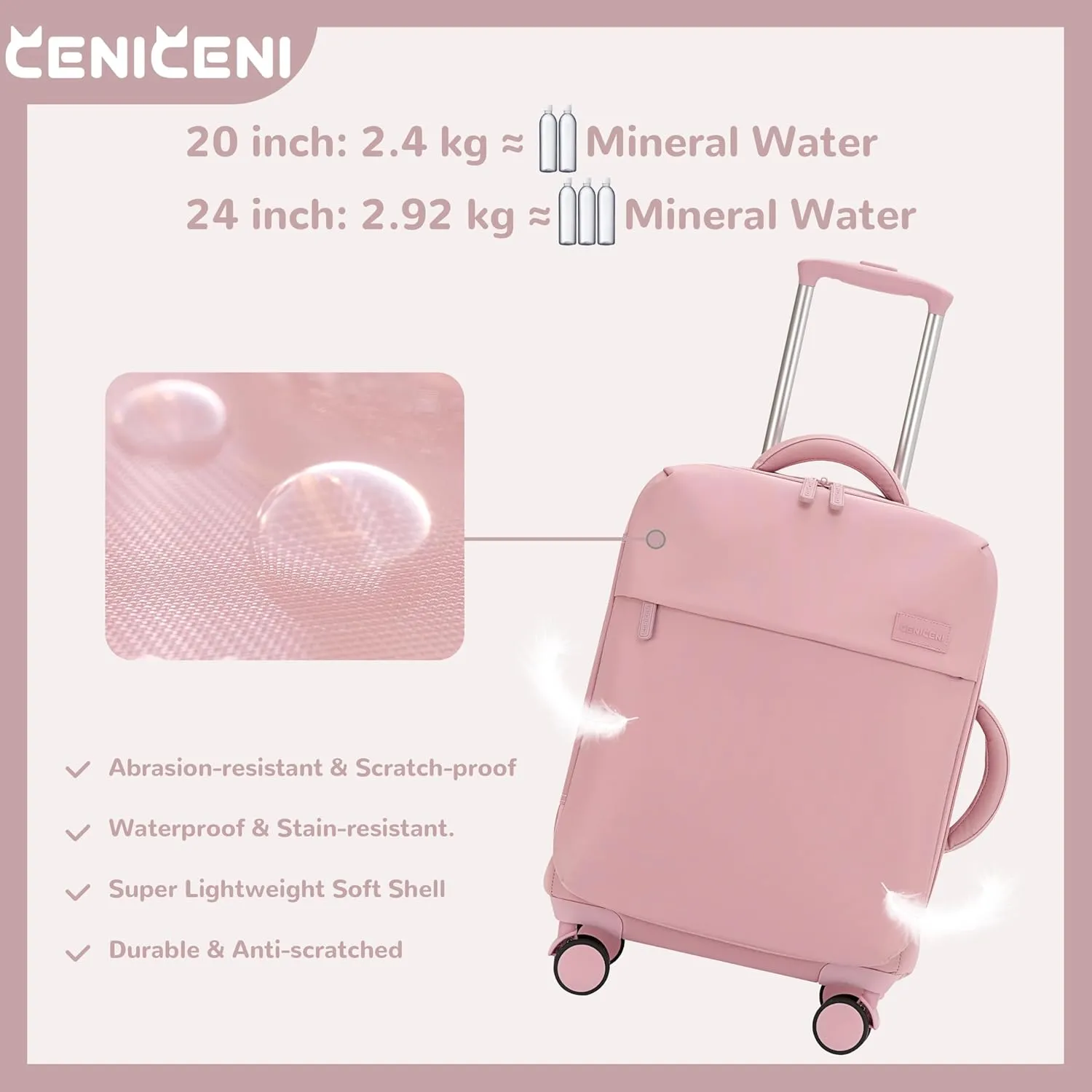 Ultralight 20" 24" Travel Luggage Set Carry-On Airline Approved Softside Suitcase, 360 Spinner Wheels, TSA Lock, with 7-Piece Travel Accessories, Sakura Pink