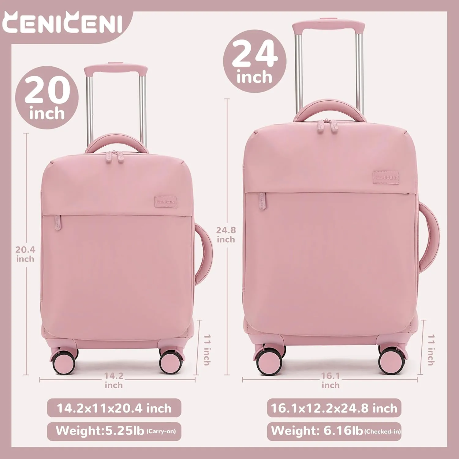 Ultralight 20" 24" Travel Luggage Set Carry-On Airline Approved Softside Suitcase, 360 Spinner Wheels, TSA Lock, with 7-Piece Travel Accessories, Sakura Pink