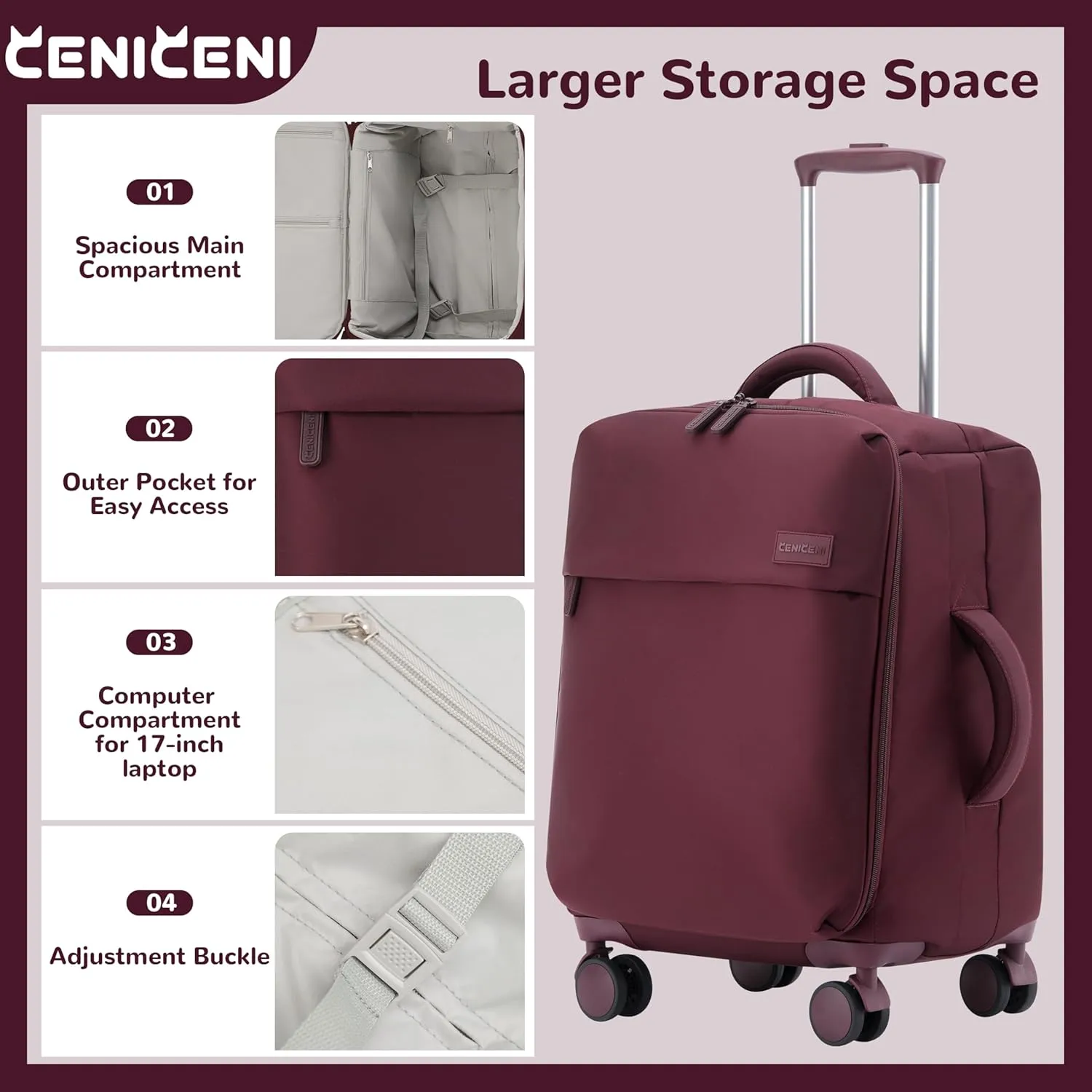 Ultralight 20" 24" Travel Luggage Set Carry-On Airline Approved Softside Suitcase, 360 Spinner Wheels, TSA Lock, with 7-Piece Travel Accessories, Wine Red