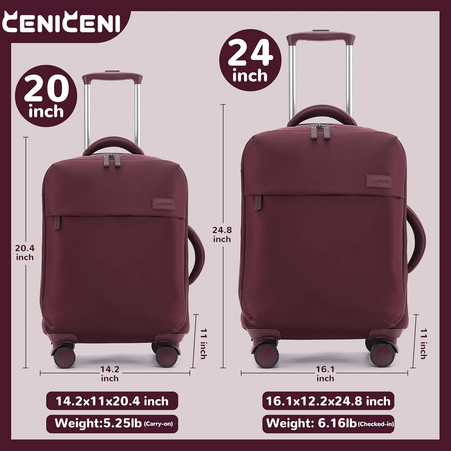 Ultralight 20" 24" Travel Luggage Set Carry-On Airline Approved Softside Suitcase, 360 Spinner Wheels, TSA Lock, with 7-Piece Travel Accessories, Wine Red