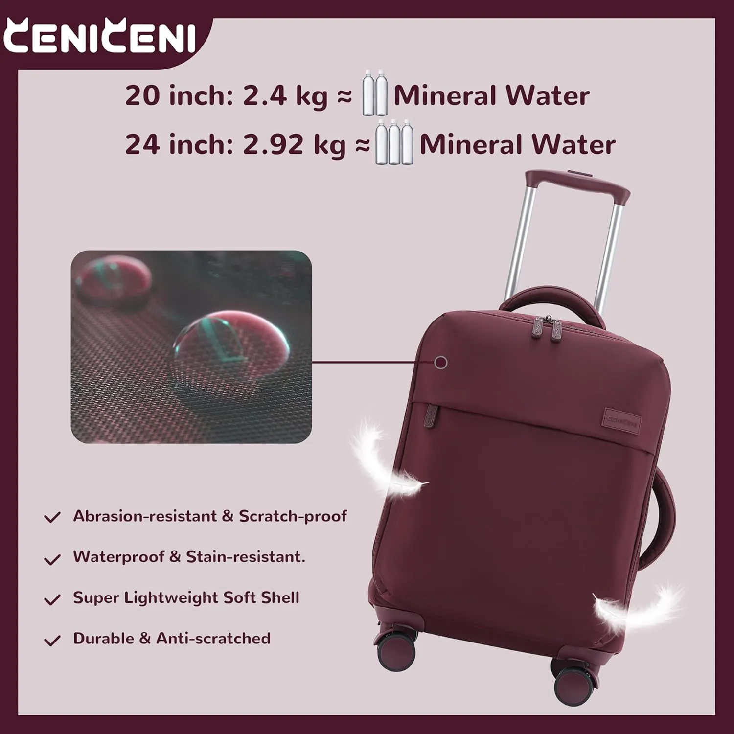 Ultralight 20" 24" Travel Luggage Set Carry-On Airline Approved Softside Suitcase, 360 Spinner Wheels, TSA Lock, with 7-Piece Travel Accessories, Wine Red