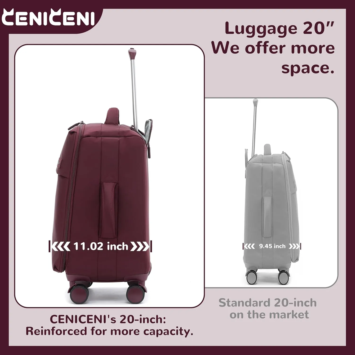 Ultralight 20" 24" Travel Luggage Set Carry-On Airline Approved Softside Suitcase, 360 Spinner Wheels, TSA Lock, with 7-Piece Travel Accessories, Wine Red