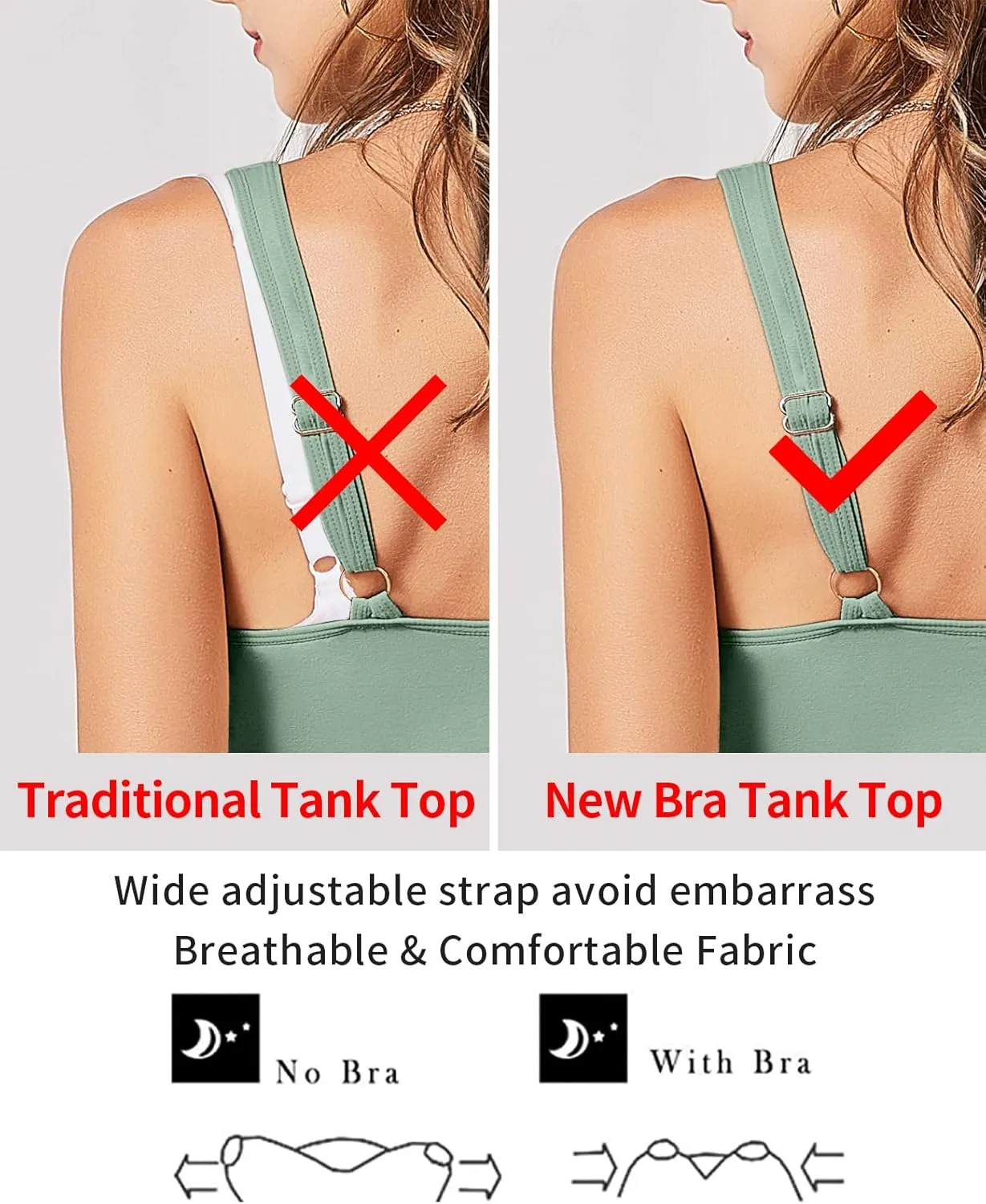 V FOR CITY Tank Top for Women with Built-in Padded Bra Adjustable Wide Strap Camisole Cotton Cami Shirts