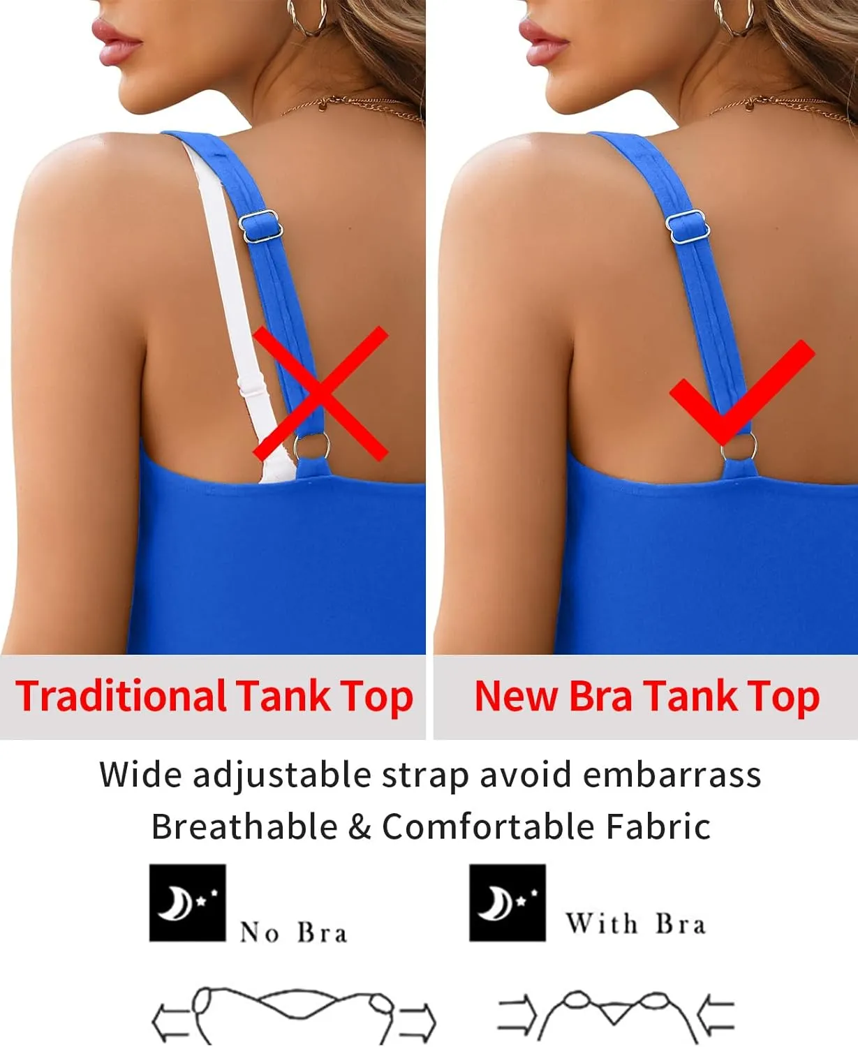 V FOR CITY Tank Top for Women with Built-in Padded Bra Adjustable Wide Strap Camisole Cotton Cami Shirts