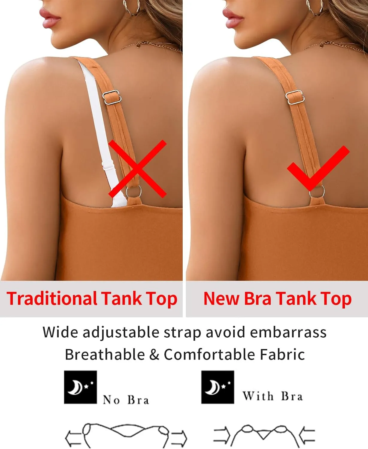 V FOR CITY Tank Top for Women with Built-in Padded Bra Adjustable Wide Strap Camisole Cotton Cami Shirts