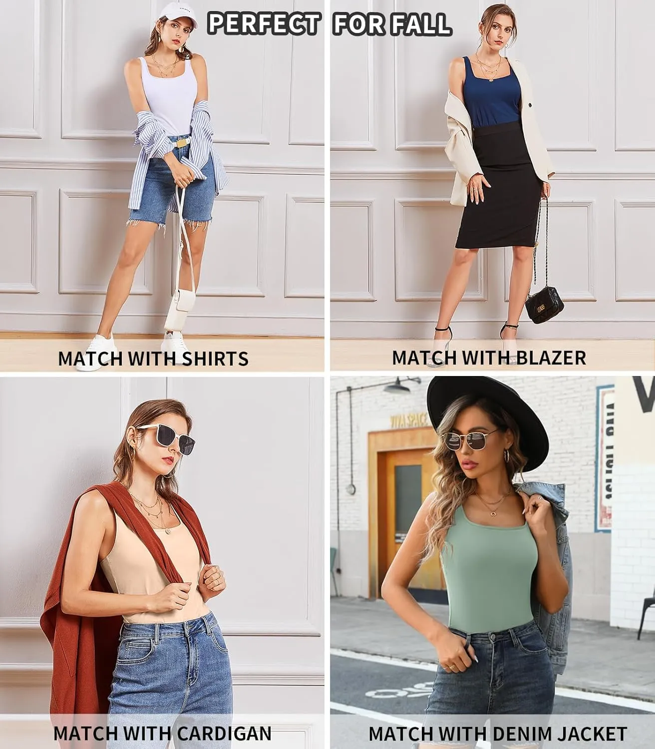 V FOR CITY Tank Top for Women with Built-in Padded Bra Adjustable Wide Strap Camisole Cotton Cami Shirts