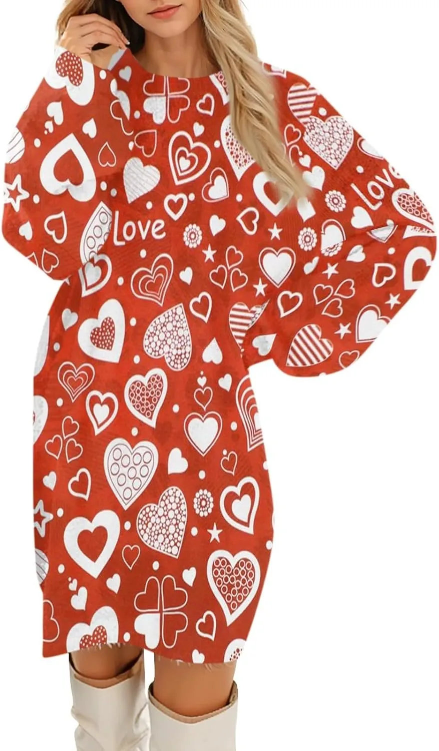 Valentines Day Dress for Women Round Neck Casual Long Sleeve Plush Plaid Dresses