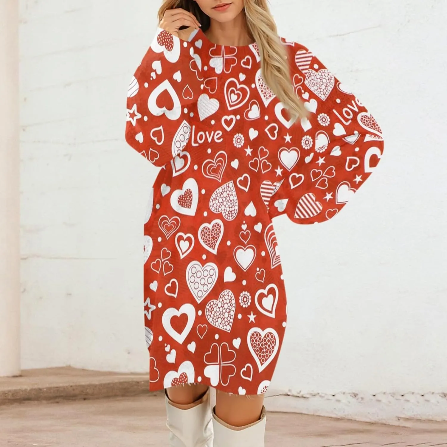Valentines Day Dress for Women Round Neck Casual Long Sleeve Plush Plaid Dresses