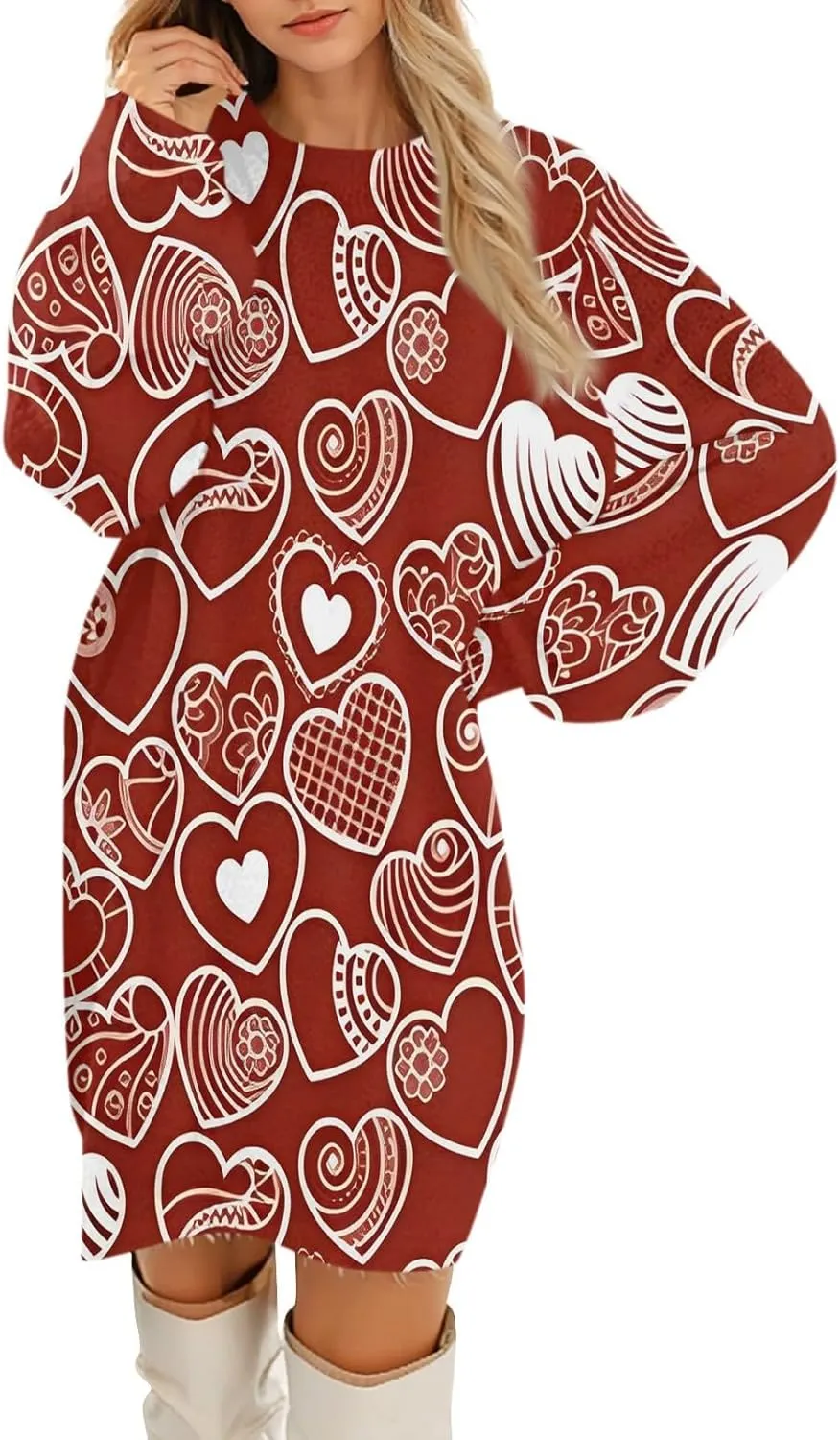 Valentines Day Dress for Women Round Neck Casual Long Sleeve Plush Plaid Dresses