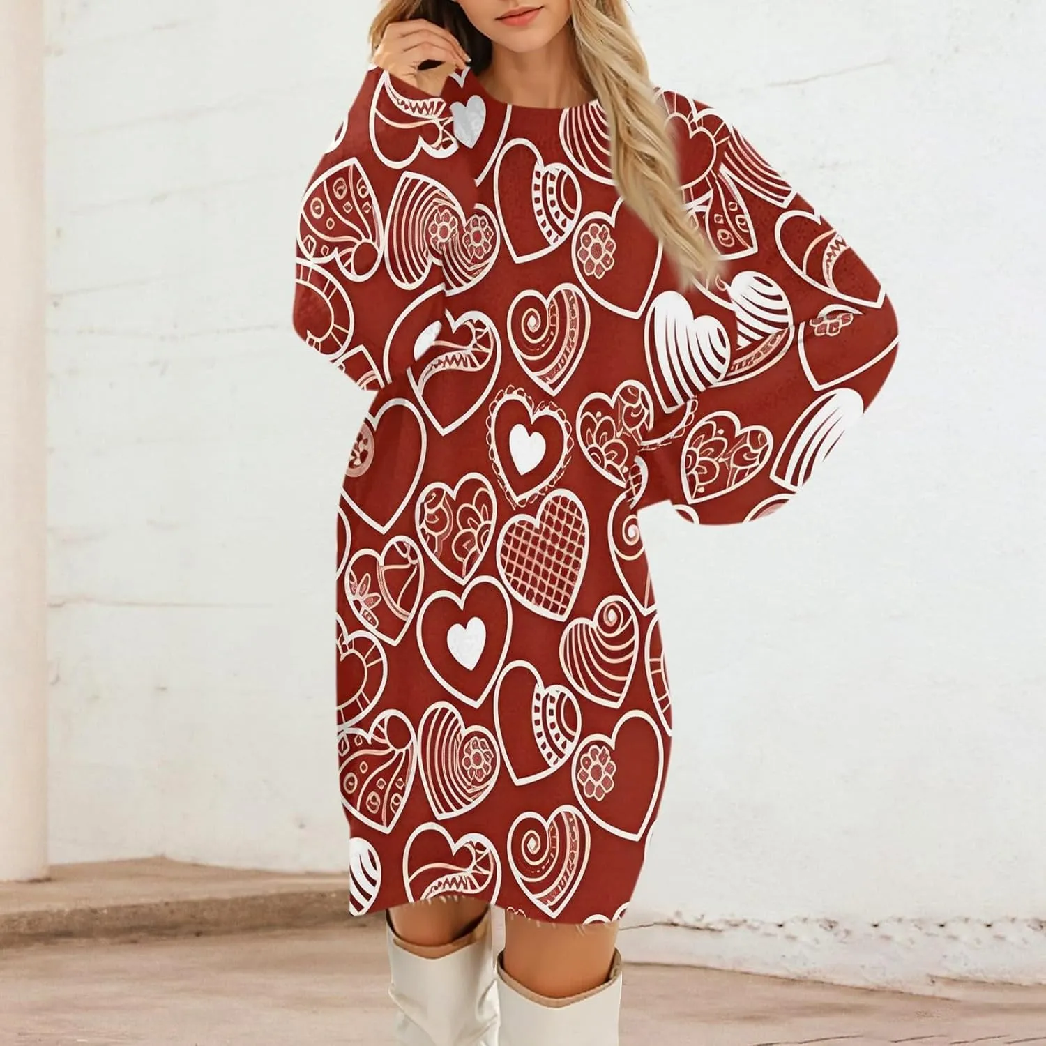 Valentines Day Dress for Women Round Neck Casual Long Sleeve Plush Plaid Dresses