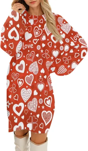 Valentines Day Dress for Women Round Neck Casual Long Sleeve Plush Plaid Dresses