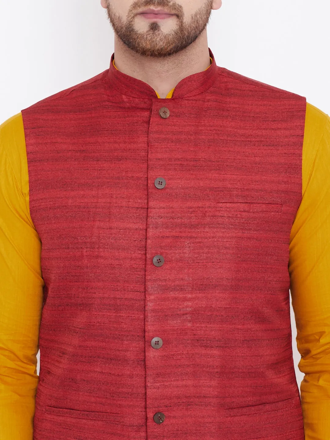 VASTRAMAY Maroon, Mustard And White Baap Beta Nehru Jacket Kurta Pyjama set
