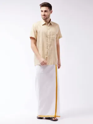 VASTRAMAY Men's Beige Cotton Shirt And Mundu