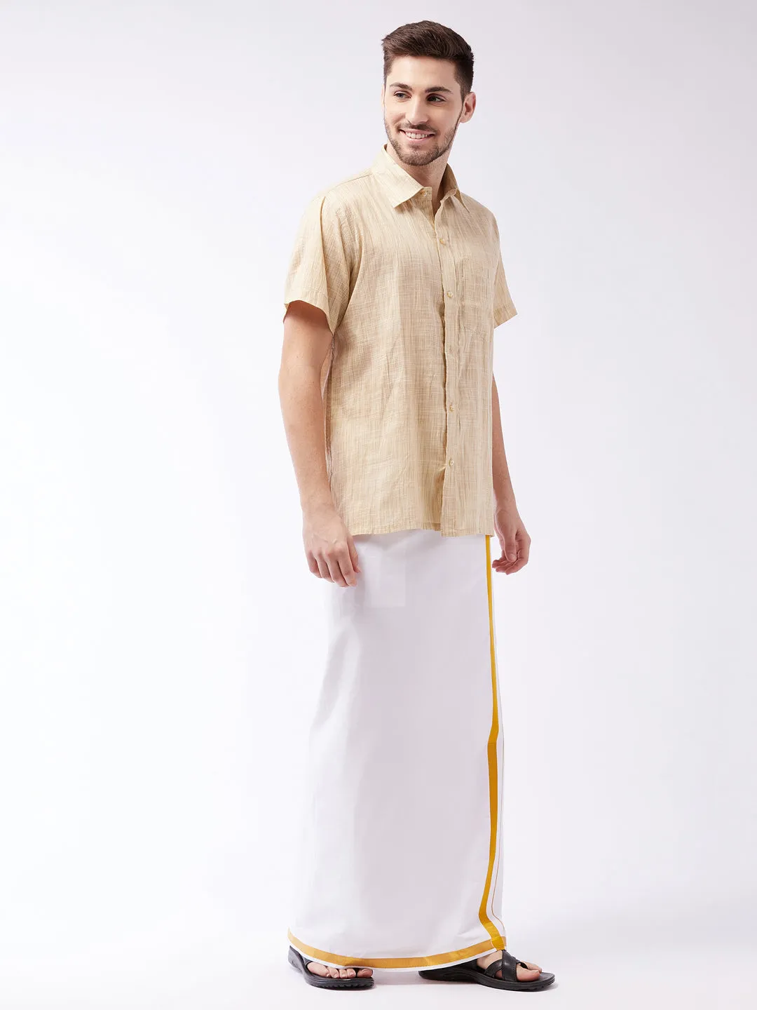 VASTRAMAY Men's Beige Cotton Shirt And Mundu