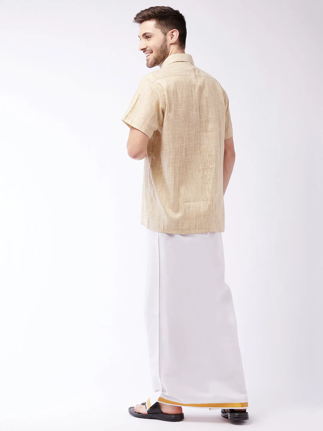 VASTRAMAY Men's Beige Cotton Shirt And Mundu