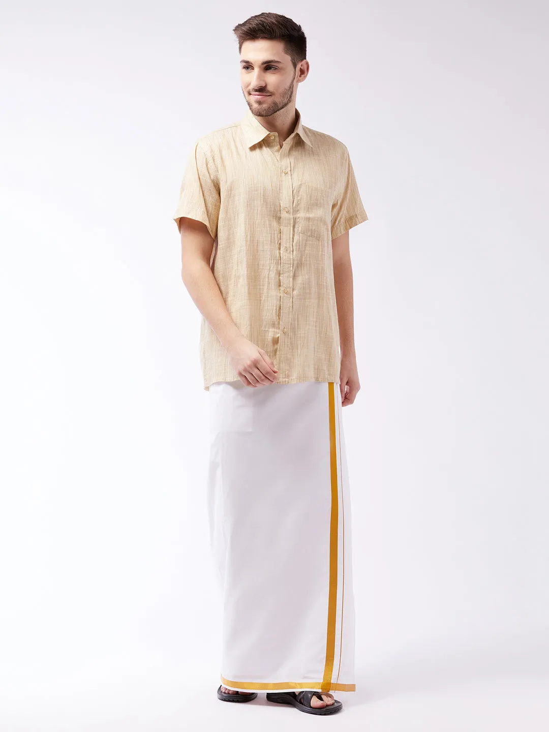 VASTRAMAY Men's Beige Cotton Shirt And Mundu