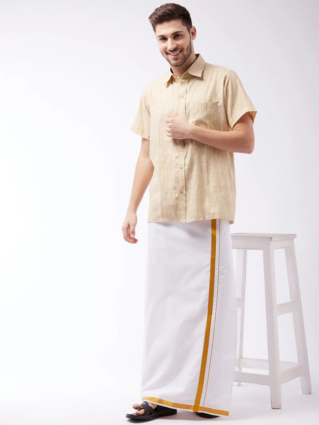 VASTRAMAY Men's Beige Cotton Shirt And Mundu