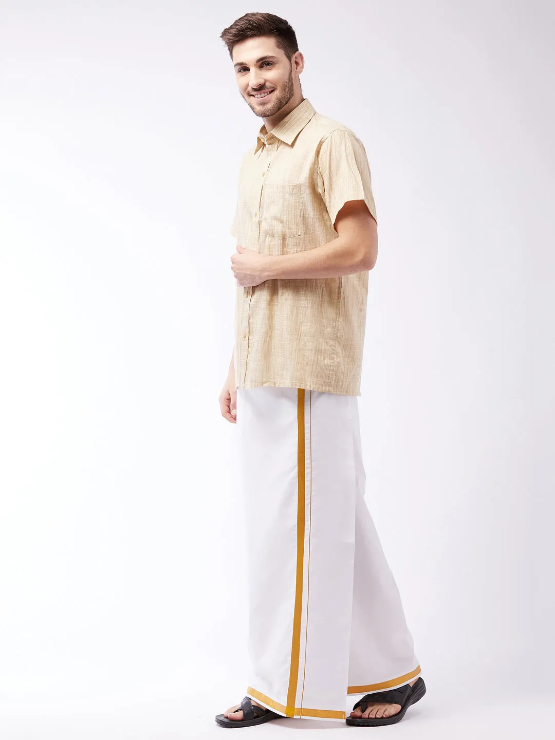 VASTRAMAY Men's Beige Cotton Shirt And Mundu