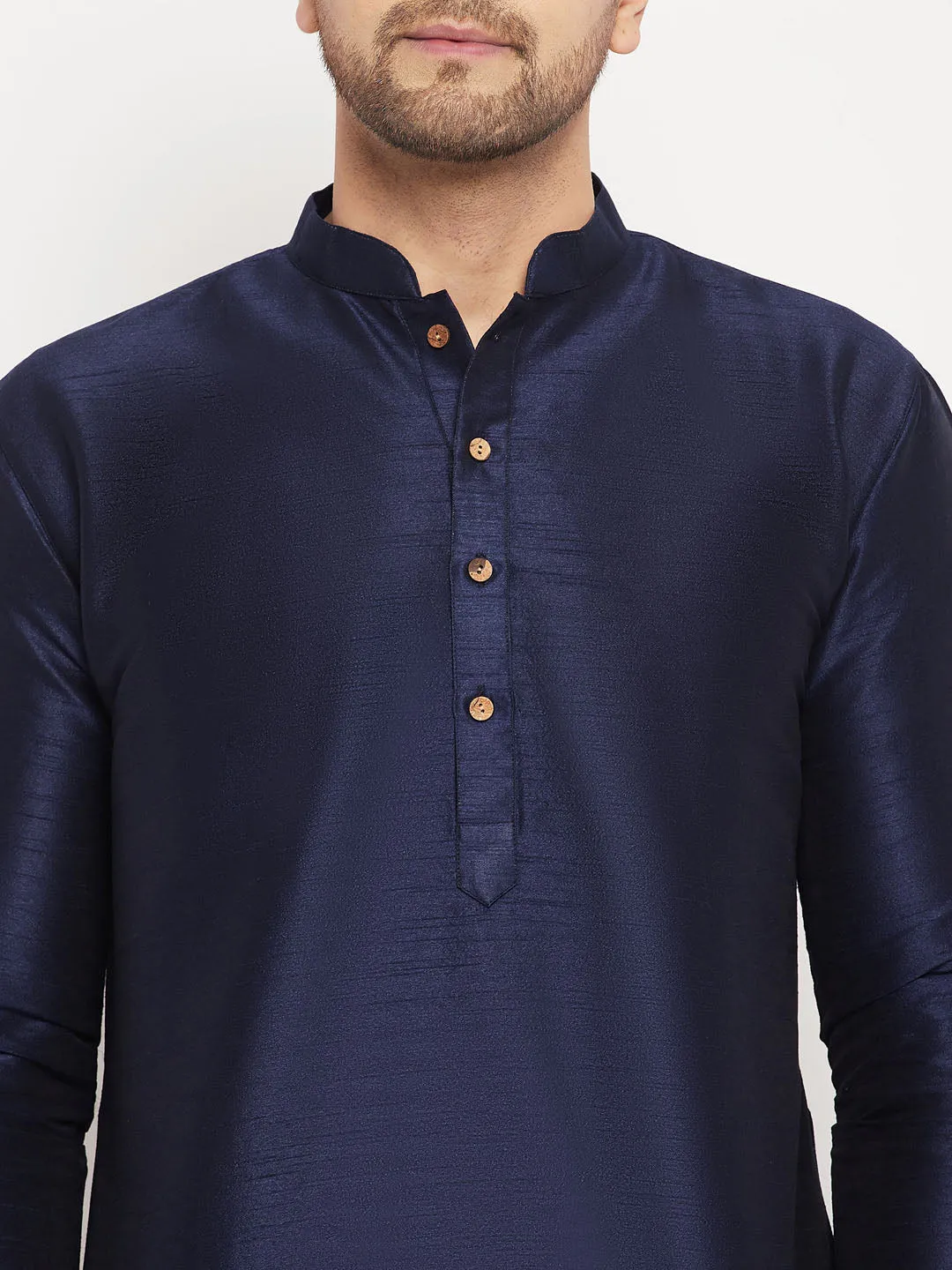 VASTRAMAY Men's Dark Blue Cotton Silk Kurta