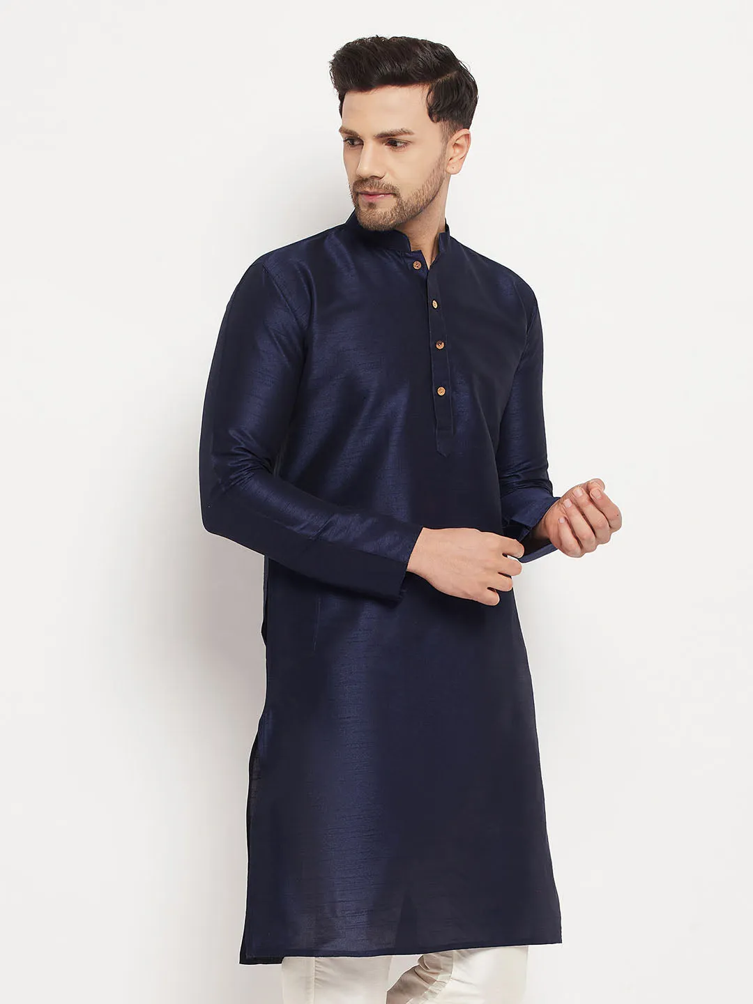VASTRAMAY Men's Dark Blue Cotton Silk Kurta