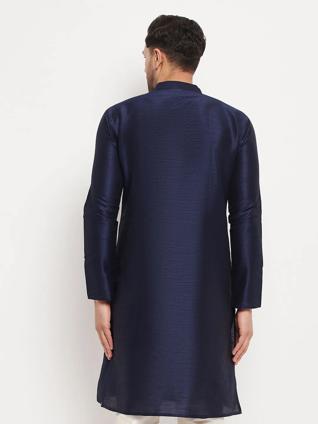 VASTRAMAY Men's Dark Blue Cotton Silk Kurta