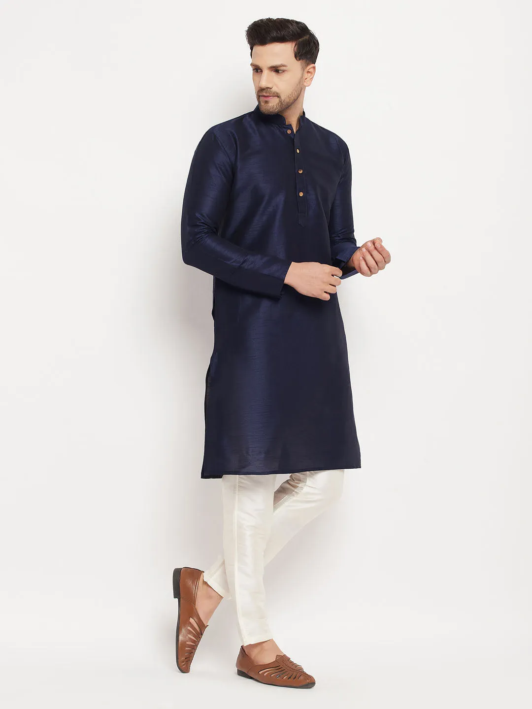 VASTRAMAY Men's Dark Blue Cotton Silk Kurta