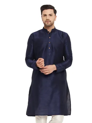 VASTRAMAY Men's Dark Blue Cotton Silk Kurta