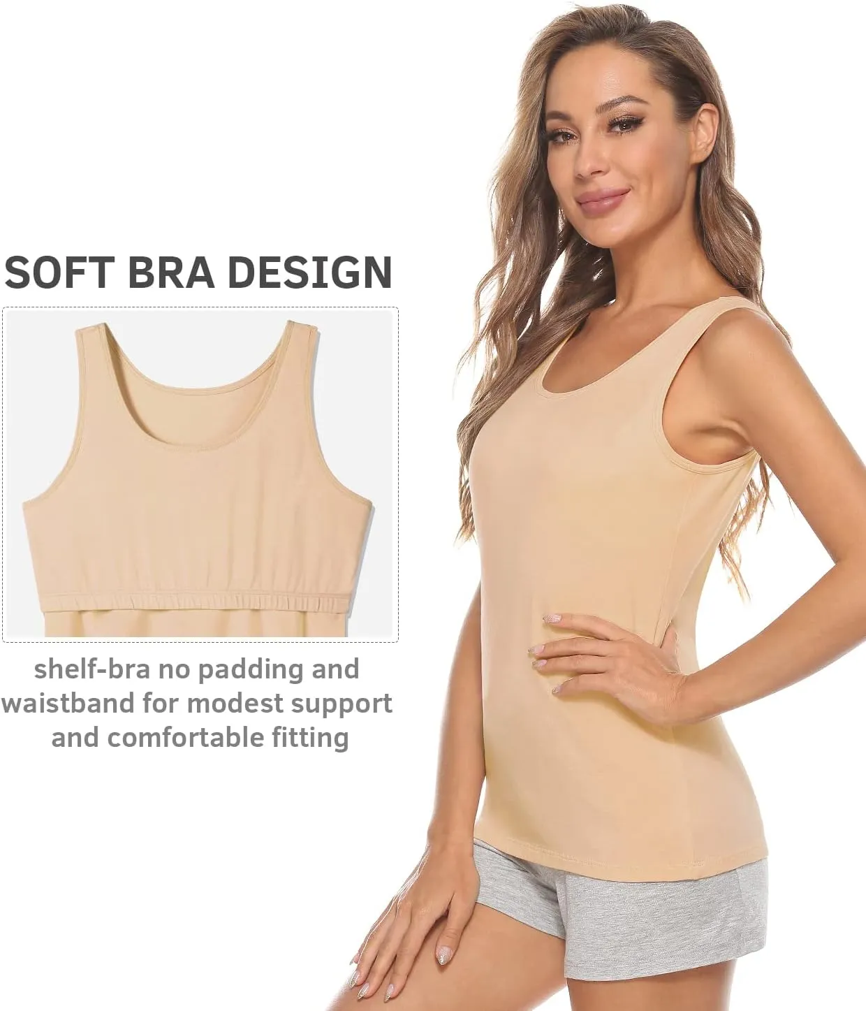 Vislivin Cotton Tank Tops with Shelf Bra for Women Stretch Tanks Wide Strap Undershirts