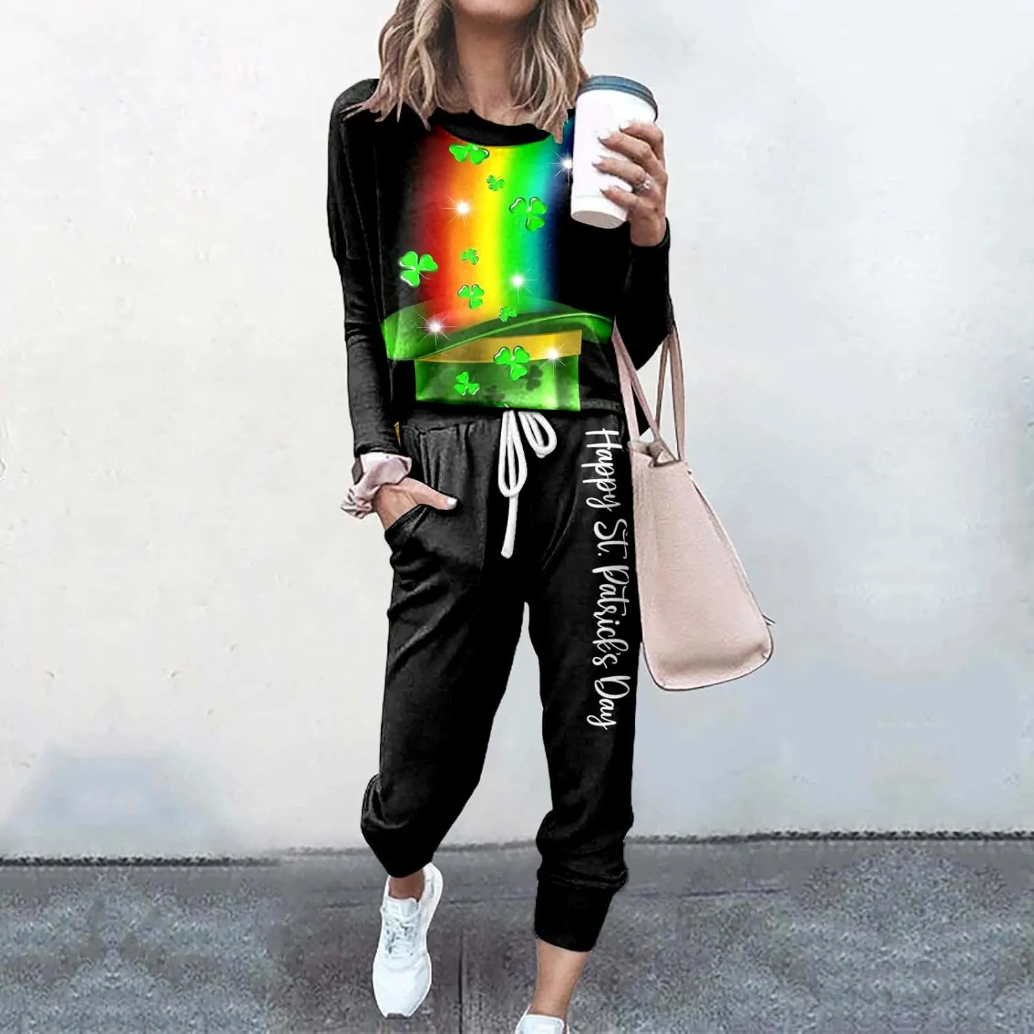 Women Casual Autumn and Winter Fashion Printed Round Neck Long Sleeve Pocket Drawstring Elastic Waist Pants Fuzzy